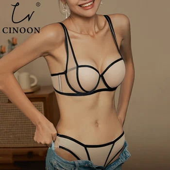 CINOON Секси френски жена комплект дамско бельо с бюстгальтером и са хранителните пликчета повдигащ, комфортен сутиен, регулируеми бретельки, монтиран комплект бельо