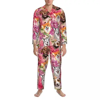 Пижами за Мъже принтом Щастливи Кучета, пижами за спалня, цветен принт, реколта пижамные комплекти от 2 теми, топъл домашен костюм голям размер с дълъг ръкав