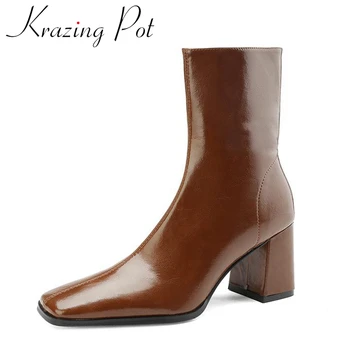 Krazing Pot, Коровья расщепленная кожа, квадратен пръсти, дебели високи токчета, модерни обувки, голям размер 42, ориенталски френски романтични ботильоны с цип.