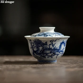 Ретро Античен Синьо и бяло Подглазурный Дракон Гайвань Китайската купа за приготвяне на чай Кунг-фу чайна Домакински купата