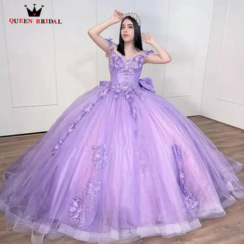 Вечерни лилаво буйни рокли С аппликацией под формата на 3D цветя, бродирани с мъниста, с пайети, с открити рамене, бални рокли принцеса, ушити по поръчка LJ40M