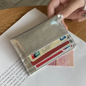 Дамски притежателя на кредитната карта портфейл естествена кожа ултра-тънък Банка Кредитна карта ID чанта Сребърен мулти-слот за карти портфейл за жени, мъже