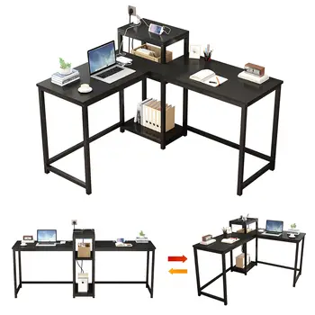 Обръщане на компютърна маса с розетки и картотекой, L-образна маса с рафтове за съхранение, Игри на маса с Правоъгълен плот