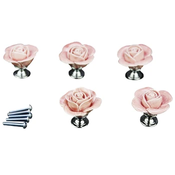 5 x Розовата врата хардуер, Керамична дръжка, антикварни винтове-копчета В комплект, елегантен дизайн във формата на рози