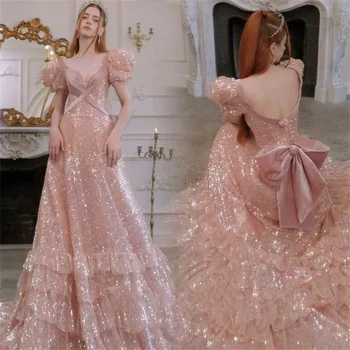 Блестяща розова дълга рокля за абитуриентски бал с пайети и къдри по гърба, вечерни рокли за рожден ден, празнична облекло за партита