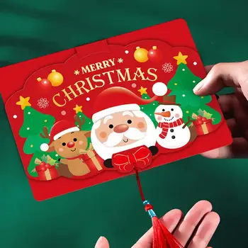 Украса с модел на Дядо Коледа в коледната картичка с позлатени релефни, изискана коледна картичка с пискюли, празнична на Коледа за деца '