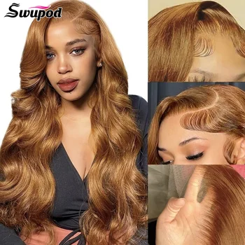 Swupod 13x4 13x6 Прозрачен перука на дантели с висока плътност 200 за жени, обемна вълна, вълнообразни човешка коса Remy 30 # кафяв цвят, без лепило