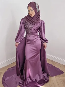 Елегантни Лилави сатенени рокли за бала в арабски стил с дълги ръкави, Русалка С аппликацией, Подвижна панделка, Официално Мюсюлмански вечерни рокли