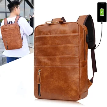 Ретро мъжки раница с USB зареждане, бизнес раница за пътуване от изкуствена кожа, мъжки чанти за лаптоп, ежедневни студентски училищна чанта за момчета