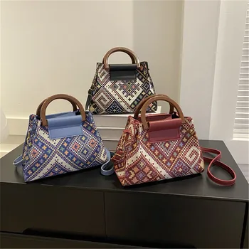 Модни чанти за през рамо в етнически стил, дамски холщовая чанта, дамски клетчатая чанта през рамо, дамски ежедневни малка квадратна чанта