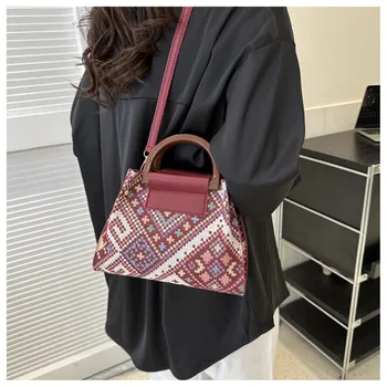 Модни чанти за през рамо в етнически стил, дамски холщовая чанта, дамски клетчатая чанта през рамо, дамски ежедневни малка квадратна чанта