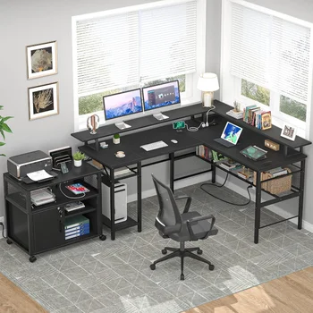 L-образно бюро Unikito с led лента и контакти, ключове, комплект ъглови компютърни бюра с поставка за монитор и място за съхранение
