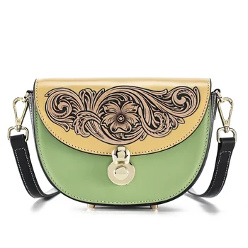 Реколта резбовани женствена чанта през рамо, чанти-незабавни посланици от естествена кожа, луксозни дамски чанти през рамо с цветен модел, чантата и чанта