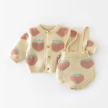 Есенно-зимни комплекти дрехи за новородени момичета рокля-пуловер за малки момичета, вязаный гащеризон Love Плодове и жилетка, комплект от 2 теми за бебета