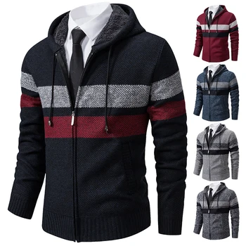 2023 Новият есенно-зимния шарен пуловер с качулка, мъжко палто с кадифена подплата, топло вязаный жилетка