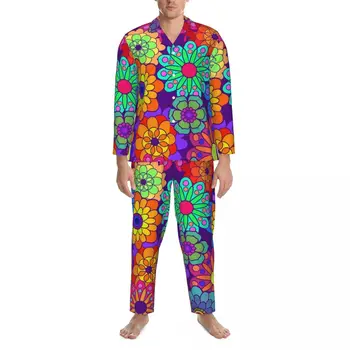 Пижама в стил ретро с цветя, Мъжка Пижама в стил Хипи, Удобна Нощна пижама, Пролет, 2 броя, Реколта Комплекти пижам с обемен модел.