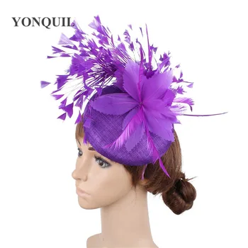 Модни шапки с пера Sinamay Fascinators Chapeau Елегантни дамски Филц шапки за коса, аксесоари за дамски партита, шапки за чай с клипове