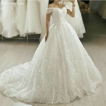 Бели сватбени рокли в стил Бохо с пайети Дължина 2023 г., шаферски рокли с влак от пайети, Сватбената рокля на принцеса в Църквата