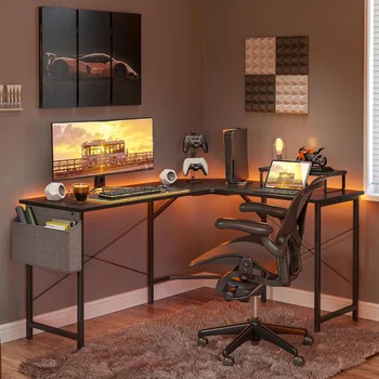 Игрална маса CubiCubi L-образна форма, 66,9-инчов Компютър ъглово бюро с рафт за монитор за работно място в домашния офис, черен