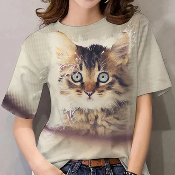 Женска тениска Kawaii, лятна тениска с кръгло деколте и къс ръкав, Свободна дамски дрехи оверсайз, ежедневни модна тениска с котка за дами, на новост