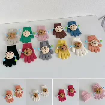 1 Чифт детски Есенно-зимни Трикотажни ръкавици с Анимационни интериор под формата на бисквитка, Ръкавици за момчета и момичета, оребрена маншет, Высокоэластичные ръкавици