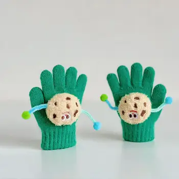 1 Чифт детски Есенно-зимни Трикотажни ръкавици с Анимационни интериор под формата на бисквитка, Ръкавици за момчета и момичета, оребрена маншет, Высокоэластичные ръкавици