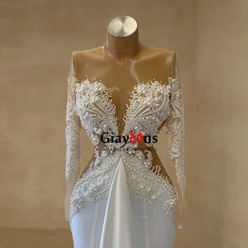 Сватбени рокли GiayMus Русалка с дълъг ръкав, дантелени апликации, перли, расшитое мъниста сватбена рокля, рокля за бала, Vestido Noiva Sirena
