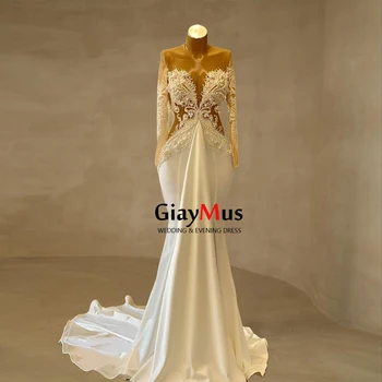 Сватбени рокли GiayMus Русалка с дълъг ръкав, дантелени апликации, перли, расшитое мъниста сватбена рокля, рокля за бала, Vestido Noiva Sirena