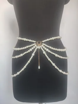 Нов дамски колан-верига, Модерен перла многослоен пояс с пискюли, Поясная верига, украса за талията, верига за тялото, бижута за жени