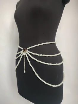 Нов дамски колан-верига, Модерен перла многослоен пояс с пискюли, Поясная верига, украса за талията, верига за тялото, бижута за жени