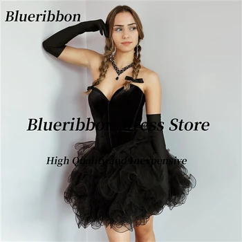 Blueribbon 2024, Черни рокли за срещи на възпитаници, Коктейл рокля сладък сексуална облегалка, Къса рокля за абитуриентски бал с къдри от тюл