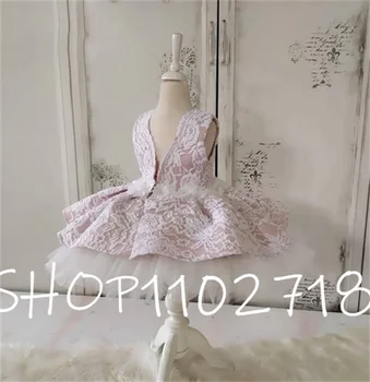 Индивидуални рокли за момичета, дрехи на принцеса Прекрасна рокли за малки момичета, Лятото е в Розово-Бяло дантелено рокля