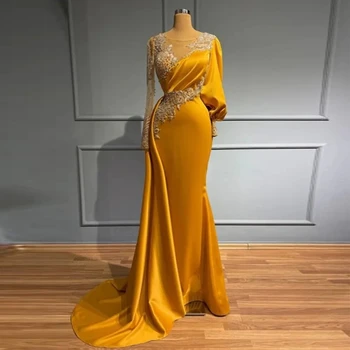 Златни дамски официални рокли Луксозна лейси апликация от мъниста, сатен плисирани рокли принцеса на бала 2024 г., халат с дълги ръкави