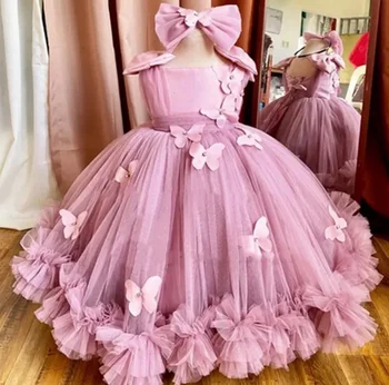 Рокля цвете момичета Луксозно Розова рокля цвете момичета с аппликацией за сватбени партита, Пищни принцеса рокля за Първо причастие