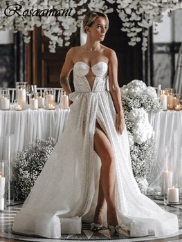 Илюзия блестящ кристал Сватбени рокли трапецовидна форма, без ръкави, с висока цепка, Сватбени рокли Robe De Mariée