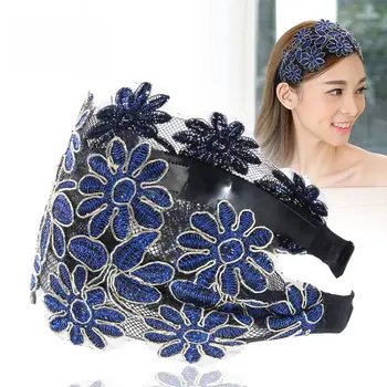 Широка цвете лейси превръзка на главата за жените, нескользящая окото превръзка на главата в корейски стил, панделка за коса с бродерия, женски шапки-тюрбан
