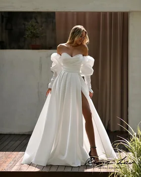 Прекрасна сватбена рокля с подвижни дълги ръкави, пола трапецовидна форма и секси висока цепка Beautiful Bride за жени, произведени по индивидуална заявка