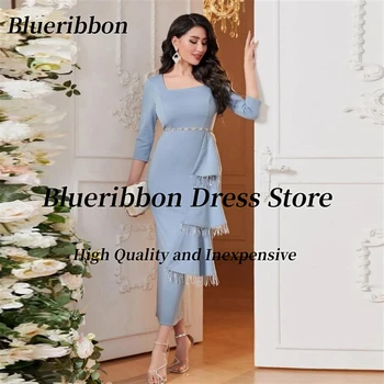 Blueribbon Специална банкетная дамски облекла, абитуриентски рокли с квадратни деколтета, три четвърти, на няколко нива, вечерни рокли с пайети и пискюли