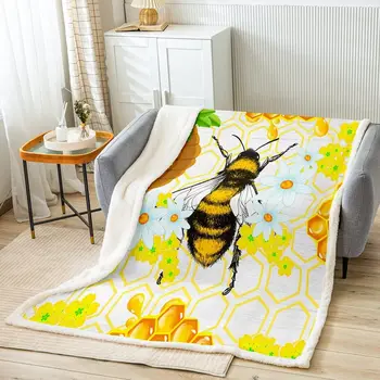 Одеало от шерпи Yellow Bee, Флисовое одеяло Sweet Honey Bee, покривки за легла, разтегателен, Плюшевое одеяло Honeycomb Bee, Геометрично