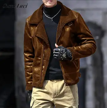 Класическите кожени якета с вълнена подплата за мъже, тънки флисовые палто от изкуствена кожа с дълъг ръкав с цип, зимни дебела топла горна дреха за мотоциклети