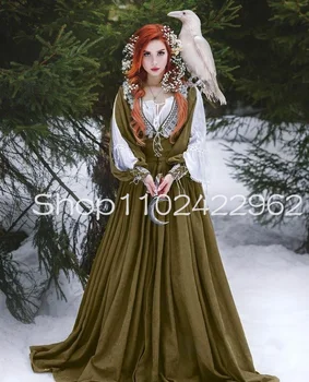 Хънтър, Армейски зелено, есенни рокли принцеса на бала, приказен костюм с дълъг ръкав, ретро костюм от епохата на Възраждането, средновековен костюм и вечерна рокля