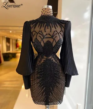 Евтини Черни коктейлни рокли за ръчна работа с мъниста, кратко вечерна рокля с дълги ръкави, 2021, Обличам знаменитост в голям размер за поръчка