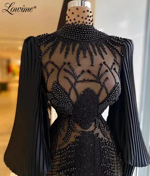 Евтини Черни коктейлни рокли за ръчна работа с мъниста, кратко вечерна рокля с дълги ръкави, 2021, Обличам знаменитост в голям размер за поръчка