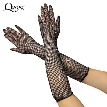 1 чифт черни сексуални еластични ръкавици с кристали за пълен пръст, женски блестящи мрежести ръкавици в стил пънк, сценичното представяне в нощен клуб, дълга ръкавица