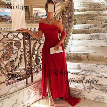 Вечерни рокли Viisher Red с едно рамо с гънки с цепки, атласное арабското вечерна рокля за абитуриентски бал в Дубай с пола, сватбени рокли за гости