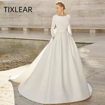 Атласное Класическа Сватбена рокля TIXLEAR Трапецовидна форма, цвят Слонова кост, с Дълбоко влак и лък 2023 vestido de noiva brautkleider robe de mariée