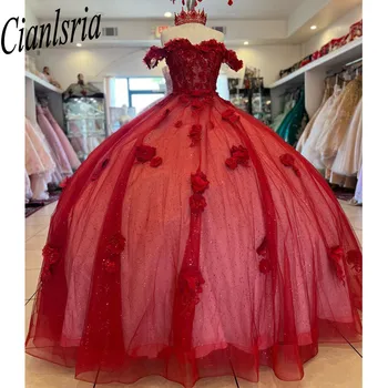 Буйни червени рокли с 3D аппликацией, прекрасна бална рокля ръчна изработка с цветя, Vestidos De 15 Años