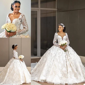 Великолепна илюзия дантелен апликации, Арабско сватбена рокля в Дубай, останаха в катедралата, дълги ръкави, Vestido De Новия, бална рокля, сватбени рокли