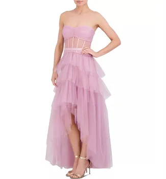 Елегантни вечерни рокли Hi-Lo розов цвят, във формата на сърце, без ръкави, с тюлевыми накъдрен, с дължина до щиколоток, вечерни рокли за жени