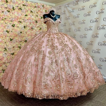 Rose Пищни рокля С Открити рамене 2024 г., Обемни Пайети, Златна Апликация, Дантела и Мъниста, Vestidos абитуриентски бал, Vestidos De Baile